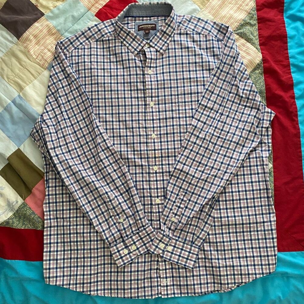 Johnston & Murphy Pink Blue & White Plaid Button Up Long Sleeve